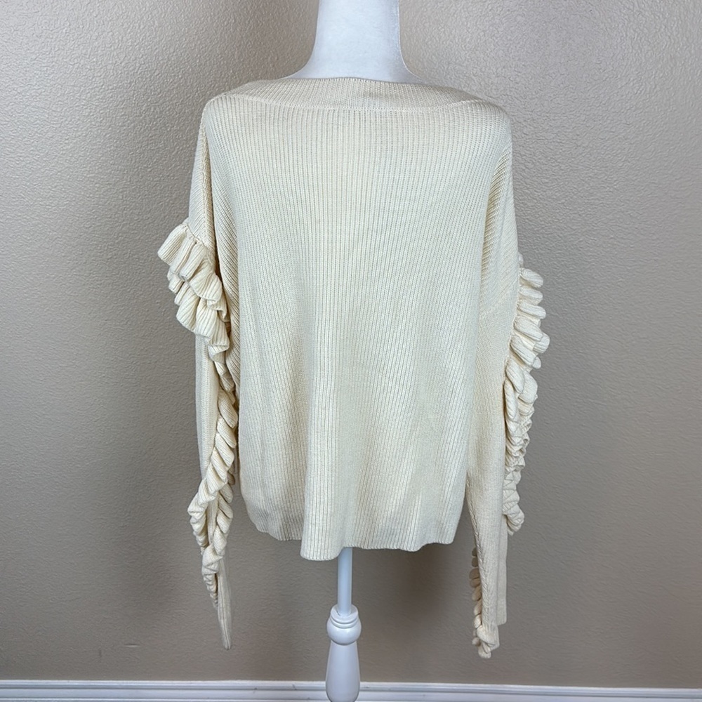FRAME Ruffle Dolman Yoke Bateau Neck Off Merino Wool Blend White Sweater - Picture 7 of 9